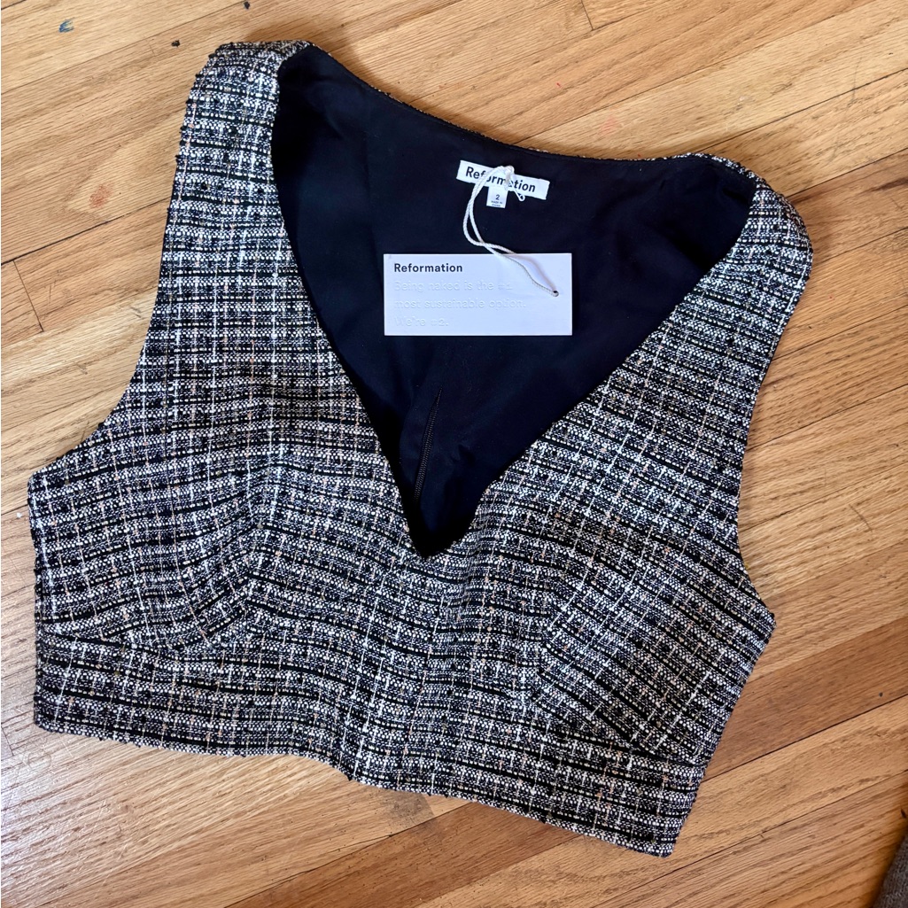 Reformation Black And White Plaid Tweed Zuri Top